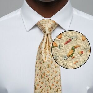 Salvatore Ferragamo Yellow Bird Pineapple Silk Necktie Italy Made Men's